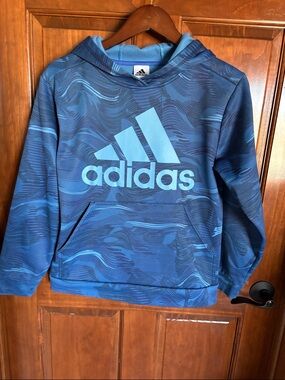 adidas Logo Performance Fleece Blue Patterned Hoodie-Boys L (14/16)